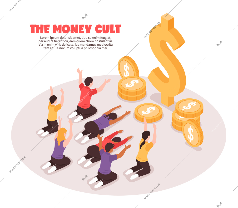 Isometric religious money cult background composition with people prostrating themselves before coin images and dollar signs vector illustration