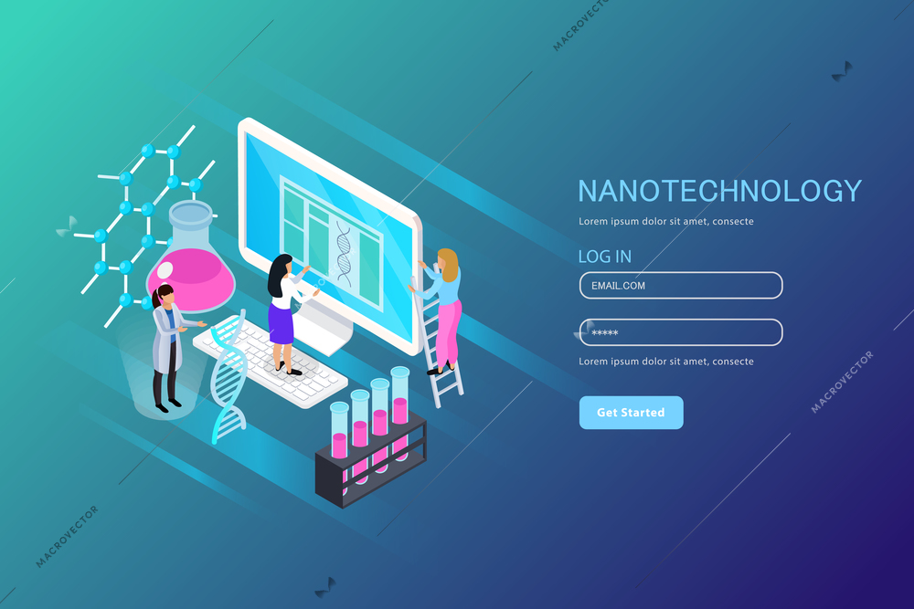 Nano technology isometric composition for web page with user account on blue gradient background vector illustration