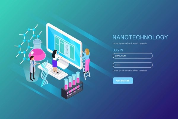 Nano technology isometric composition for web page with user account on blue gradient background vector illustration