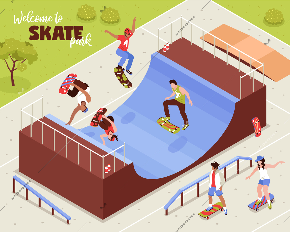 Isometric skateboard composition with outdoor scenery with people riding longboards on quarter pipe and roller beams vector illustration