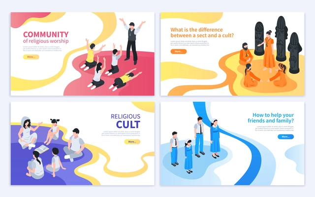 Isometric religious cult design concept with collection of four banners with artwork images and editable text vector illustration