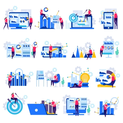 Business analytics set of flat icons with human characters electronic devices and charts isolated vector illustration