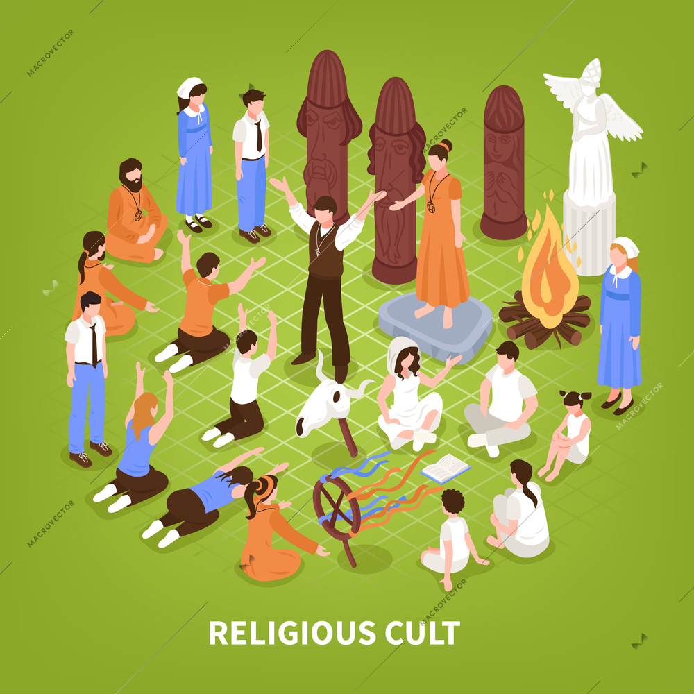 Isometric religious cult background composition of human characters of people practising different religions and fringe groups vector illustration