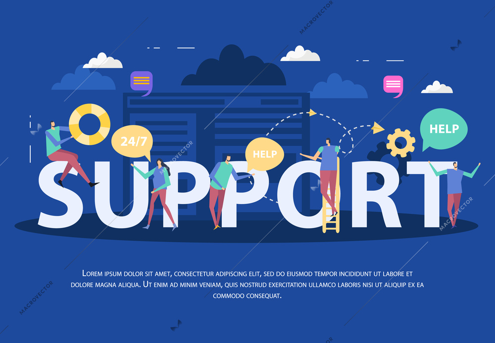Client support service flat composition with assistants speech bubbles and typographic lettering on blue background vector illustration