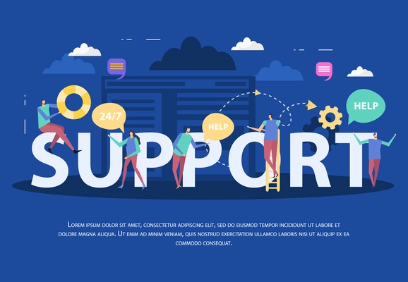 Client support service flat composition with assistants speech bubbles and typographic lettering on blue background vector illustration