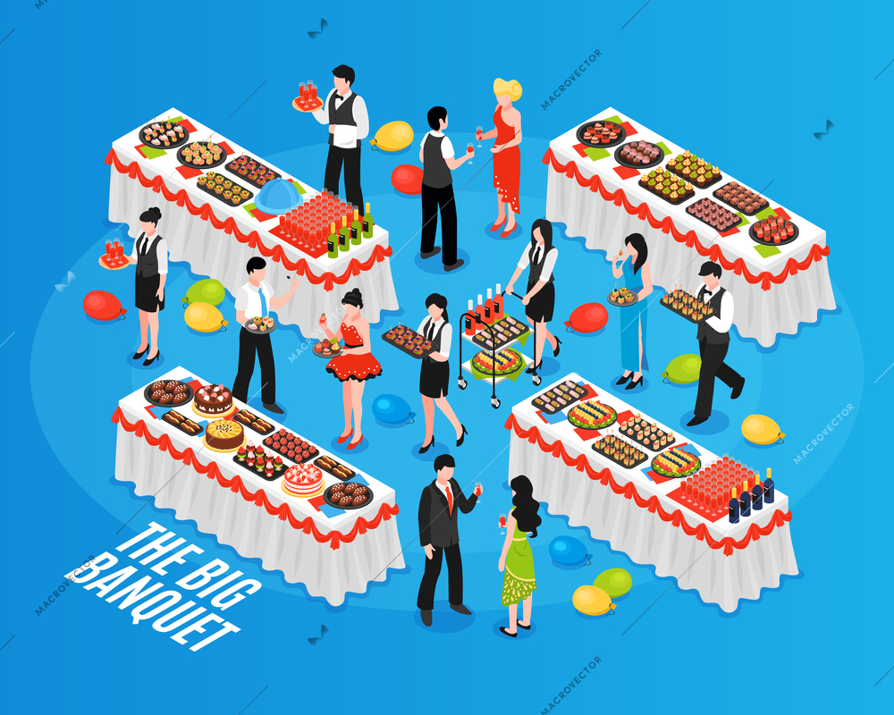 Isometric banquet composition with people in their best turn-outs and tables with lots of food vector illustration