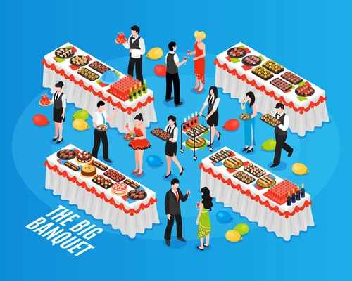 Isometric banquet composition with people in their best turn-outs and tables with lots of food vector illustration