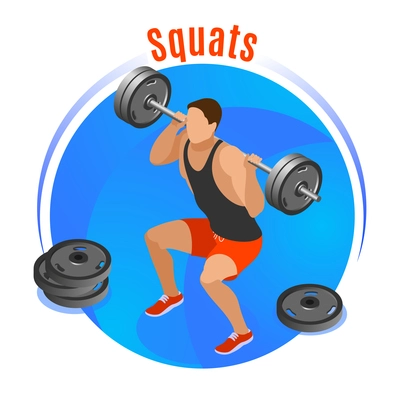 Man with barbell on shoulders during squats on blue round background isometric vector illustration