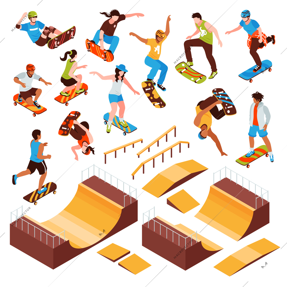 Isometric skateboard platforms set of isolated skate park elements roller beams and human characters of athletes vector illustration