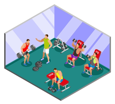 Men during weight lifting training in gym with mirror walls isometric composition vector illustration