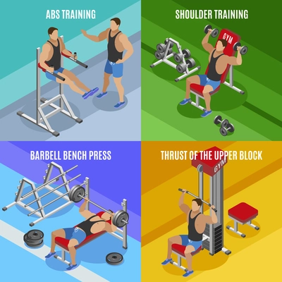 Body building isometric design concept men during workout on various exercise equipment isolated vector illustration