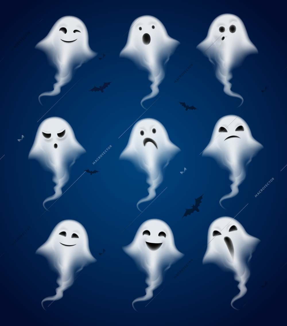 Ghost with various emotions set of realistic icons isolated on dark background with bats vector illustration