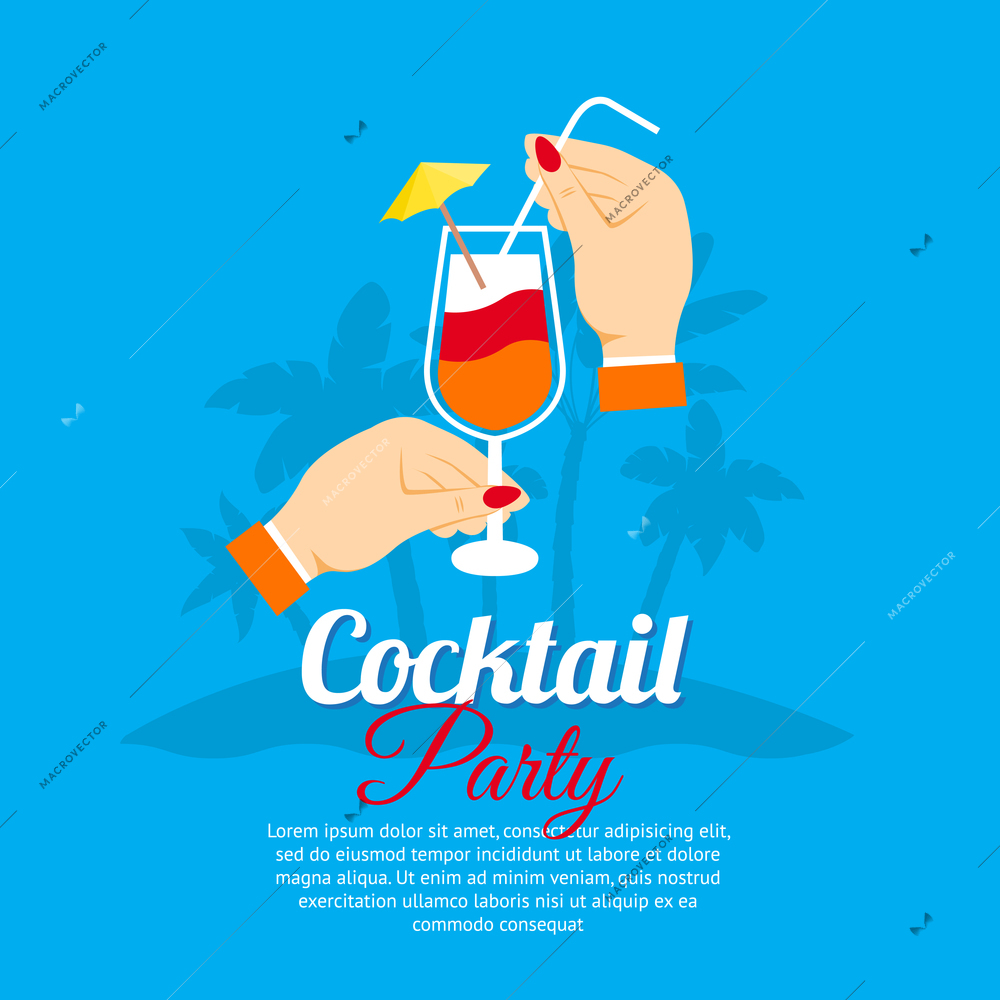 Cocktail party two hands holding glass poster with palms on background vector illustration