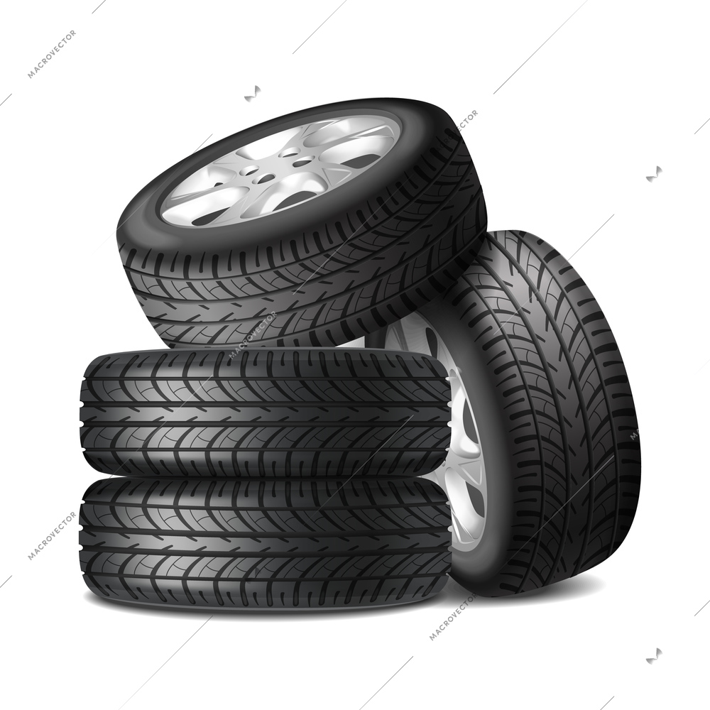 Complete set of car wheels with alloy rims and new tires realistic composition vector illustration