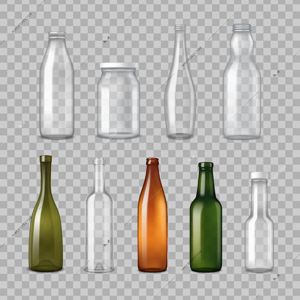 Empty different shapes and colors glass bottles for various applications transparent set realistic vector illustration