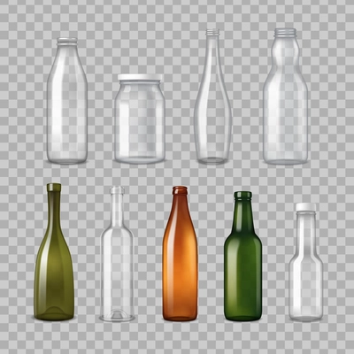 Empty different shapes and colors glass bottles for various applications transparent set realistic vector illustration