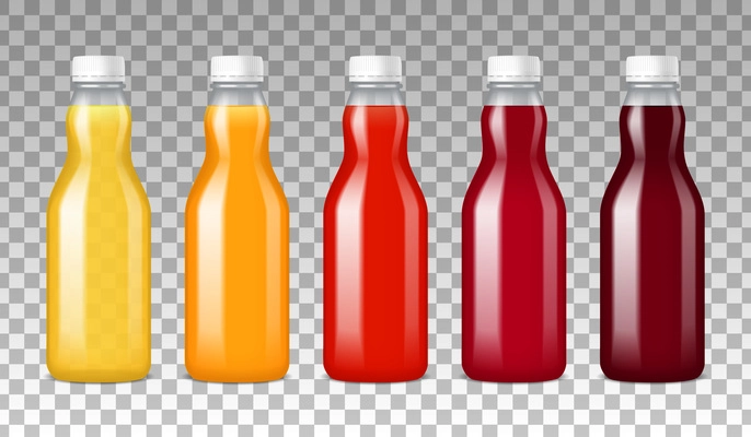 Colorful glass bottles filled with vegetables and fruits juice on transparent background realistic vector illustration