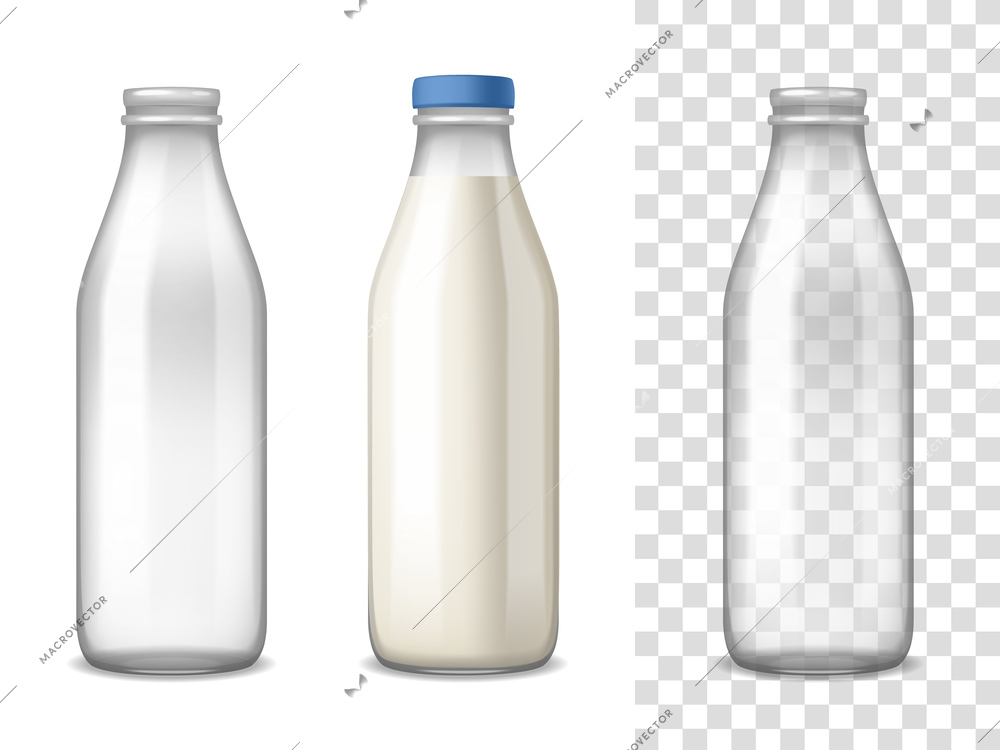 Empty and filled milk glass bottles realistic set on white and transparent isolated backgrounds vector illustration