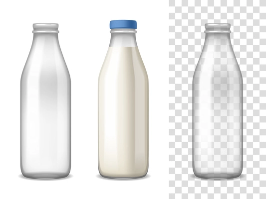 Empty and filled milk glass bottles realistic set on white and transparent isolated backgrounds vector illustration