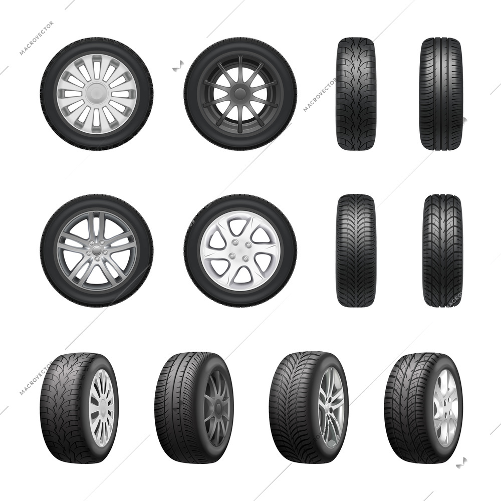 Tires wheels shown from different sides realistic set isolated on white background vector illustration