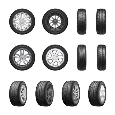 Tires wheels shown from different sides realistic set isolated on white background vector illustration