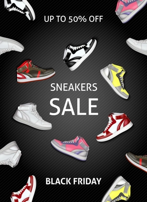 Black friday sale poster with colorful sneakers on dark background flat vector illustration