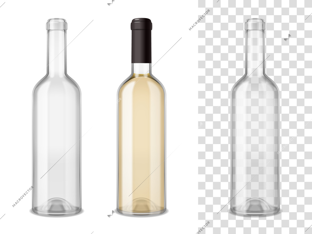 Empty and sealed by cap filled wine glass bottles realistic set on white and transparent mixture backgrounds vector illustration