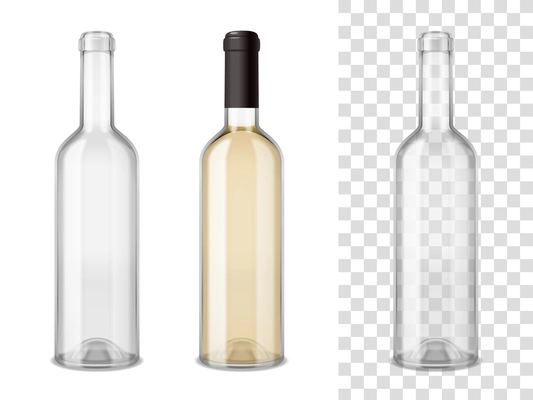 Empty and sealed by cap filled wine glass bottles realistic set on white and transparent mixture backgrounds vector illustration