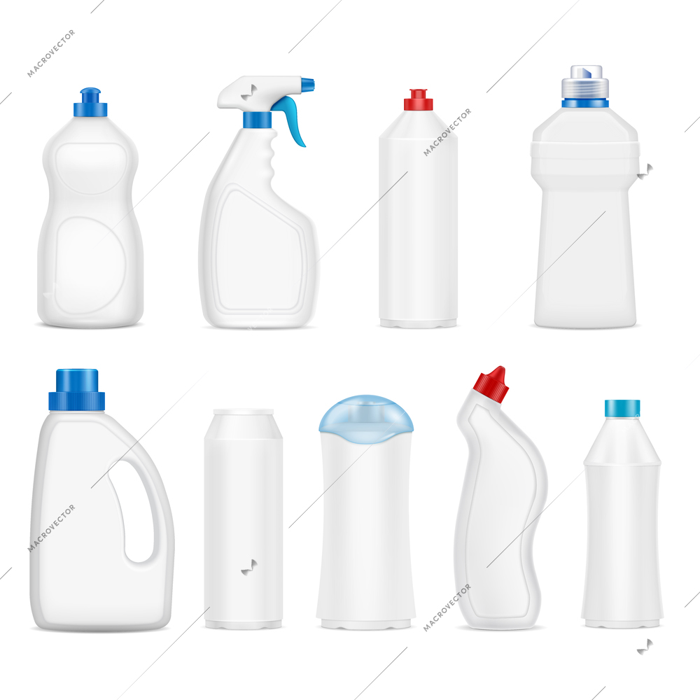 Realistic set of blank plastic detergent bottles with various lids isolated on white background vector illustration