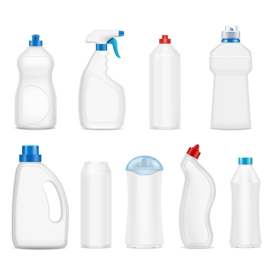 Realistic set of blank plastic detergent bottles with various lids isolated on white background vector illustration