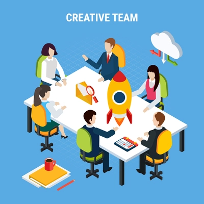 Business people isometric conceptual background with group of people sitting at table and cloud sharing pictogram vector illustration