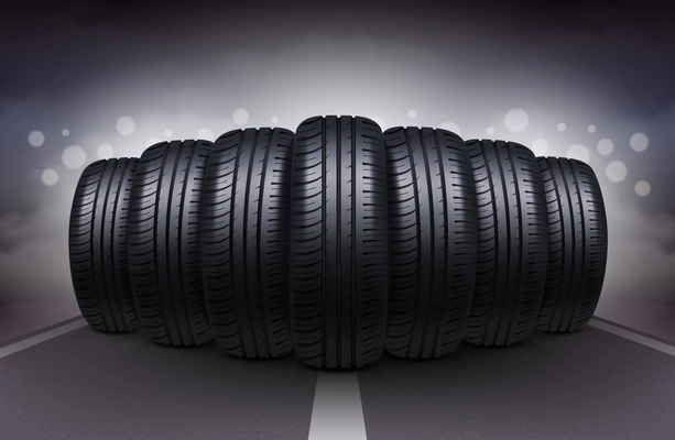 Night roadway realistic background with car tires having identical tread pattern vector illustration