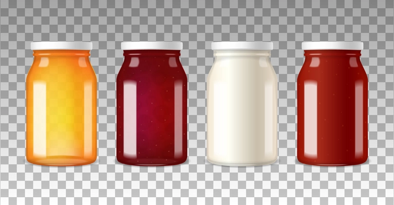 Colorful wide neck glass bottles with white screw caps on transparent background realistic vector illustration