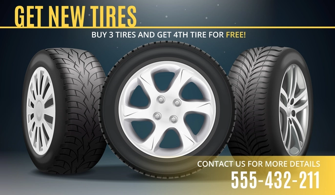 Get new tires advertising realistic poster with winning offer and contact information vector illustration