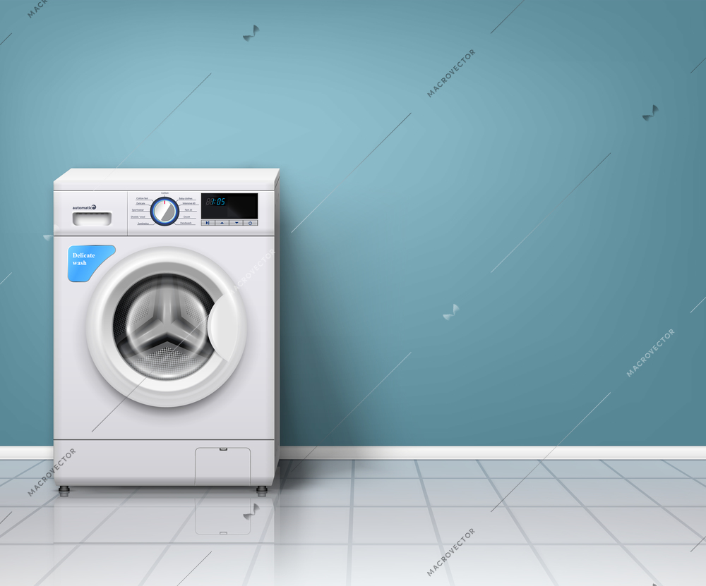 Realistic background with modern washing machine in empty laundry room vector illustration