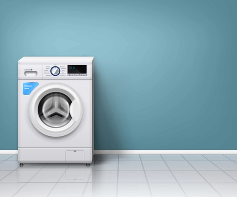 Realistic background with modern washing machine in empty laundry room vector illustration