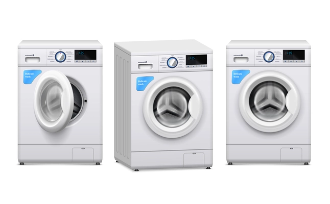 Realistic set of three washing machines with open and closed front door isolated on white background vector illustration