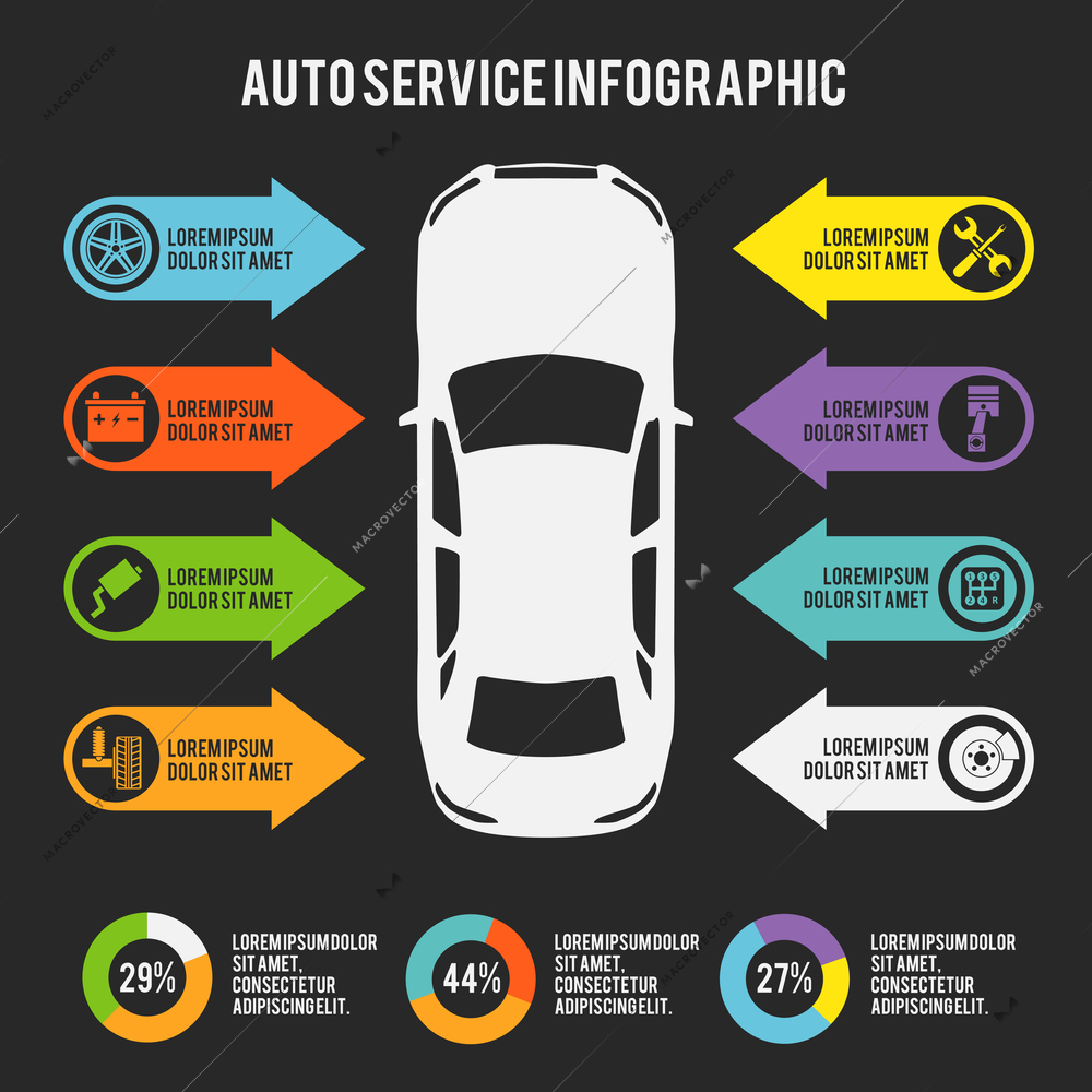 Auto mechanic car service infographic template with charts and maintenance elements vector illustration