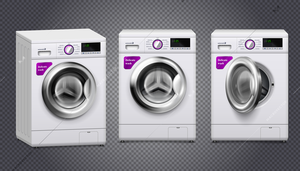 Three empty washing machines in white and silver color set isolated on transparent background realistic vector illustration