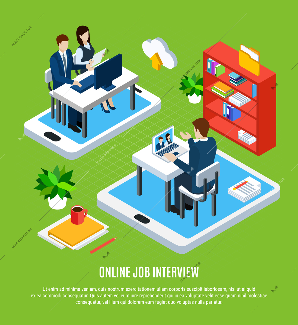 Business people isometric background with editable text and conceptual images of gadgets job applicant and recruiters vector illustration