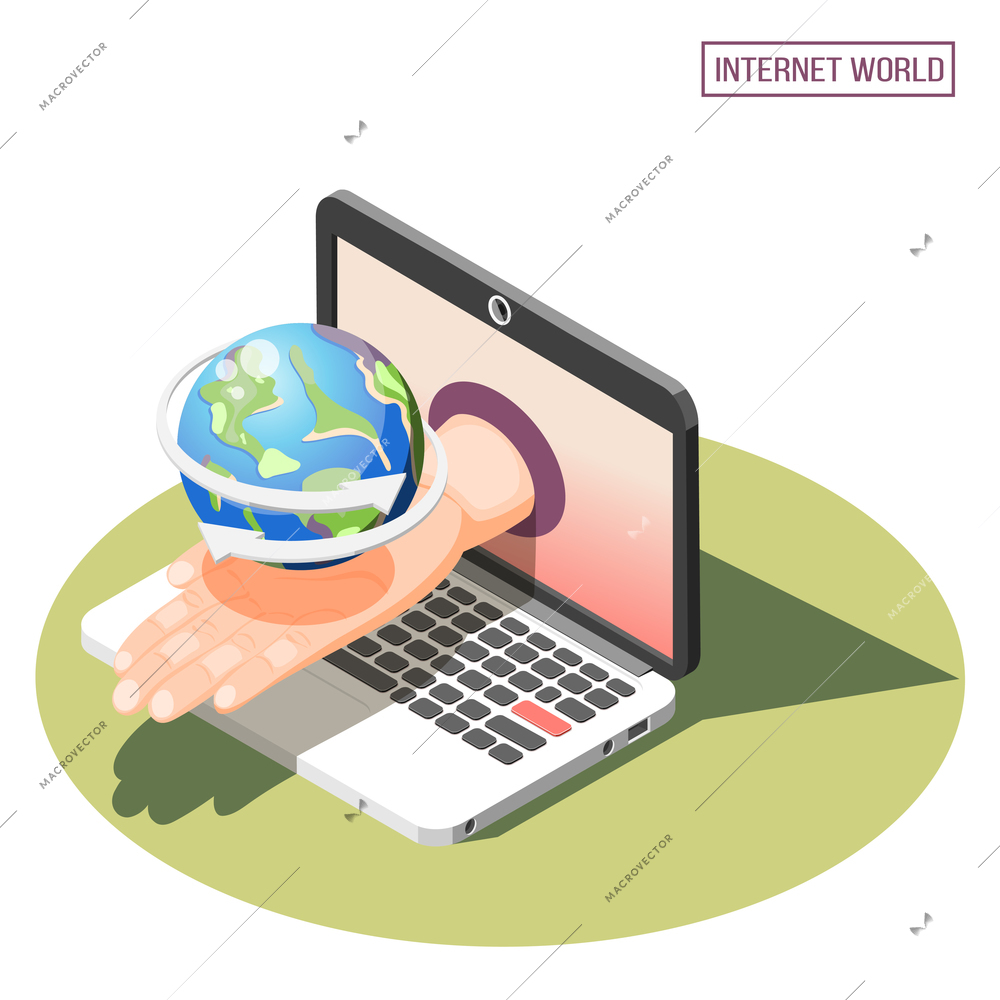 Isometric concept with human hand gesture laptop and earth 3d vector illustration