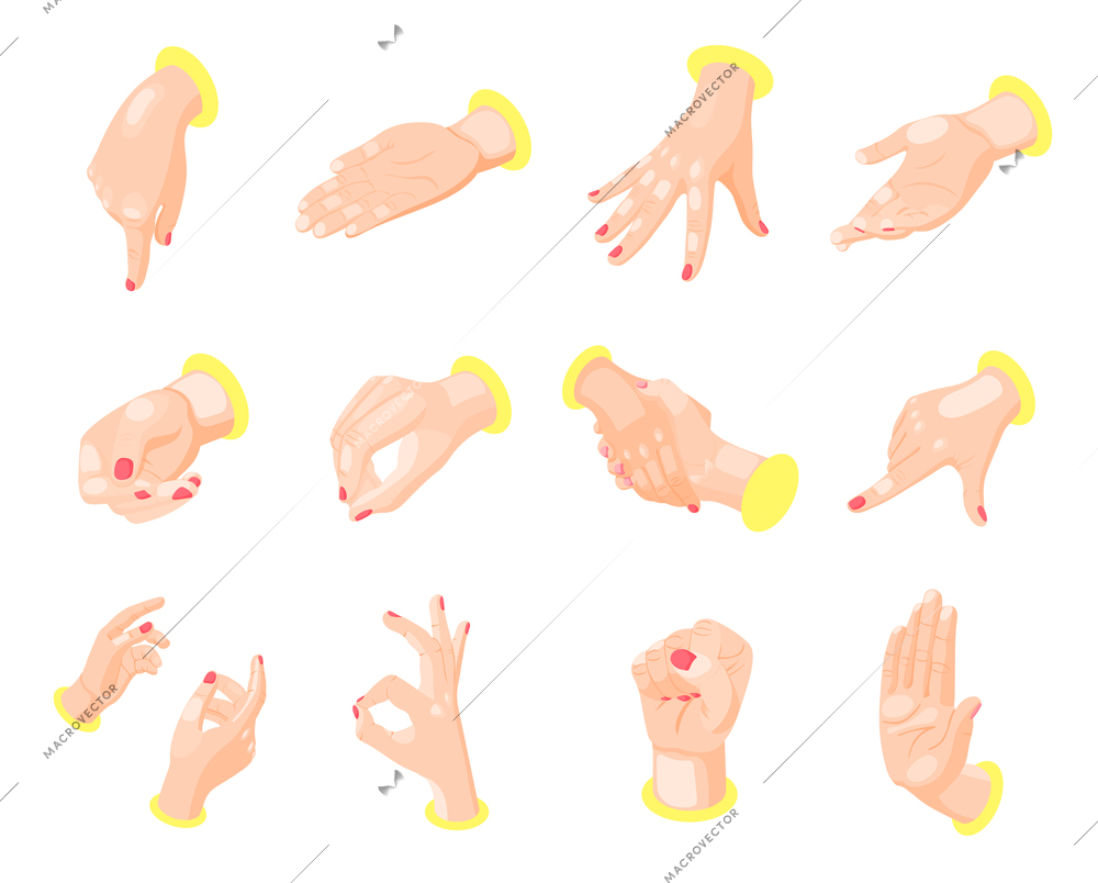 Isometric icons set with female hands gestures expressing different emotions isolated on white background 3d vector illustration