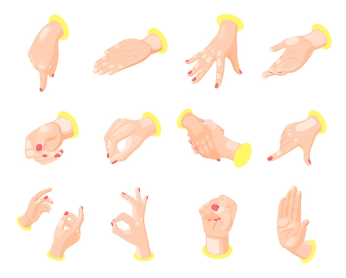 Isometric icons set with female hands gestures expressing different emotions isolated on white background 3d vector illustration