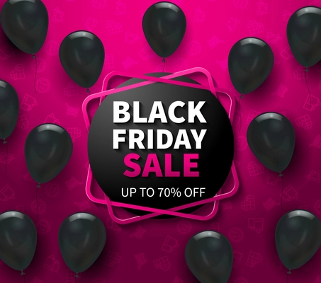 Pink background with black friday sale advertisement and realistic balloons vector illustration