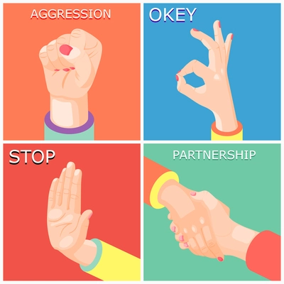 Colorful isometric 2x2 design concept with handshake and gestures expressing aggression agreement and stop 3d isolated vector illustration