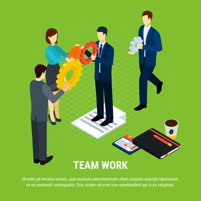 Business people isometric background with human characters of office workers holding gear icons with editable text vector illustration