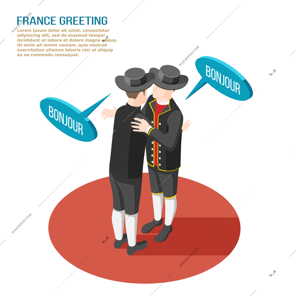 Isometric composition with two french people in national costumes greeting each other 3d vector illustration