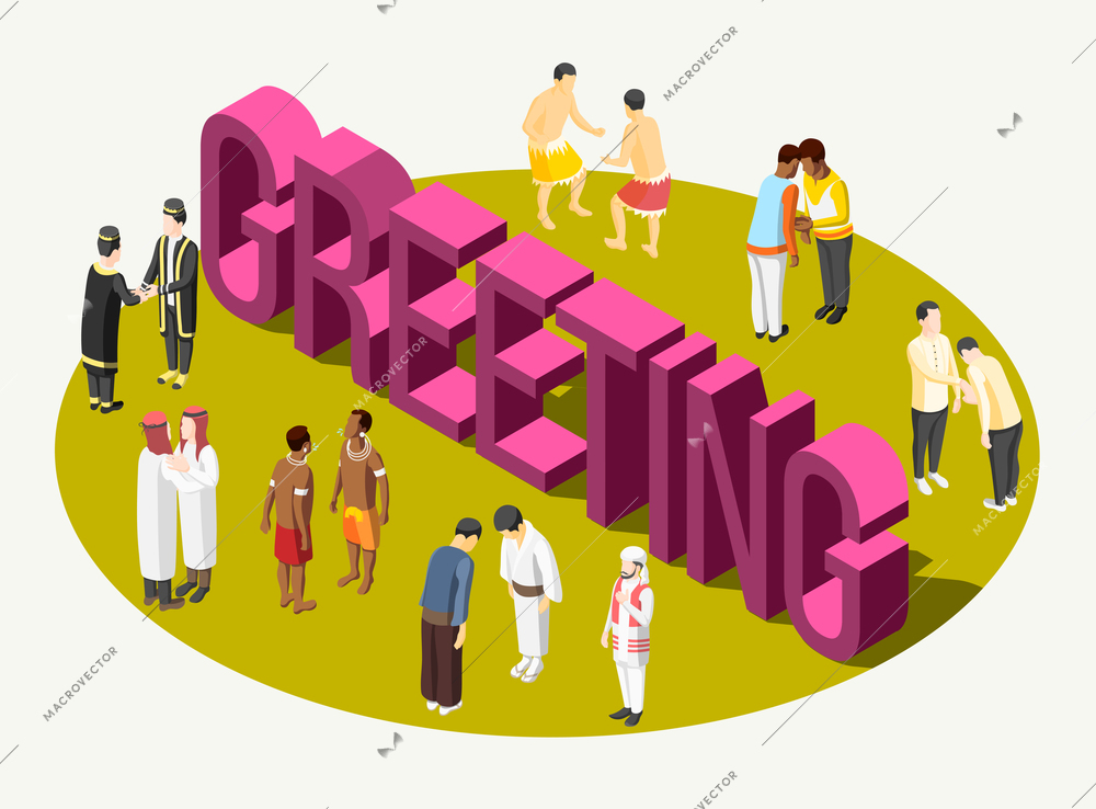 Colorful isometric composition showing how people greet each other in different countries 3d vector illustration