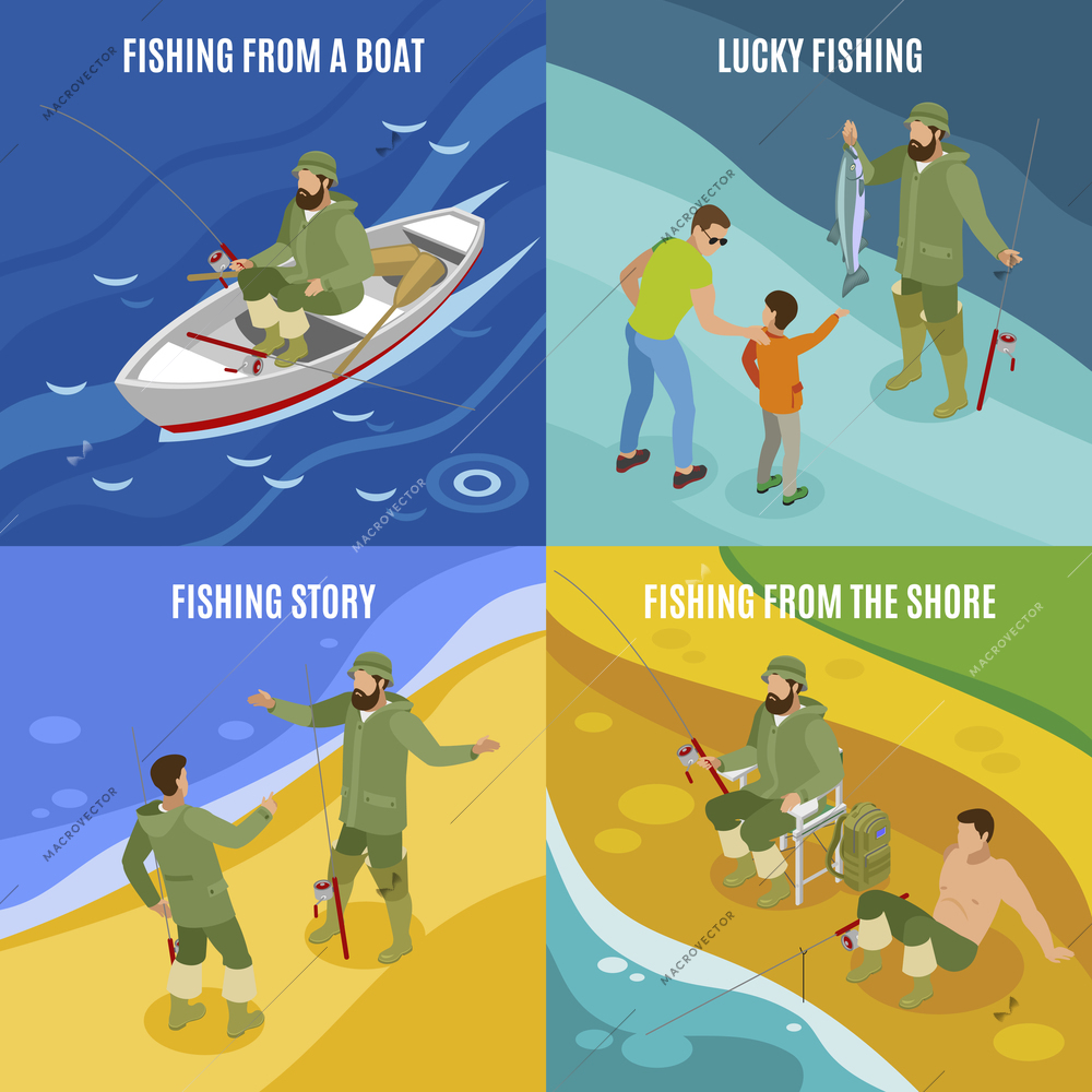 Fishermen during communion and with haul isometric concept catching from boat and at shore isolated vector illustration