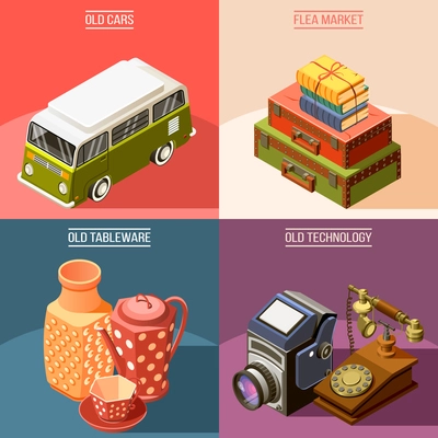 Colorful isometric flea market 2x2 design concept with old tableware car telephone camera suitcases books 3d isolated vector illustration